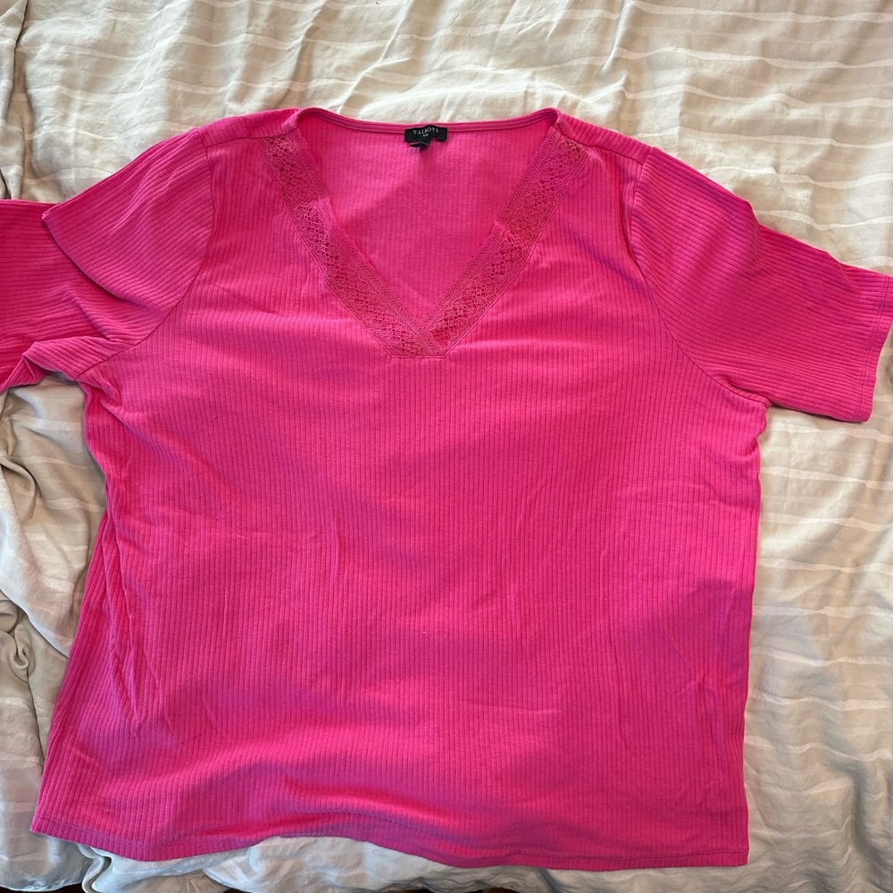 Talbots Bright Pink Short-Sleeve V-Neck Top with Lace Trim